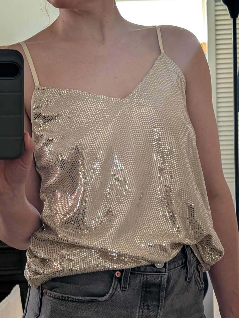 Sequin Spaghetti Strap Cami Top in Champagne